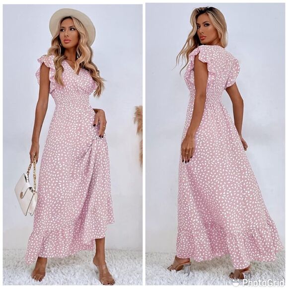 New Allover Print Ruffle Trim Shirred Waist Boho Dress - Picture 1 of 10